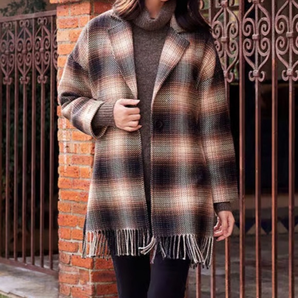 Karen Kane Plaid Fringe Jacket Size M - Picture 2 of 6